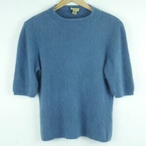 Vintage Large Short Sleeve Sweater 70% Angora Secretary Fuzzy 90s Blue Bombshell